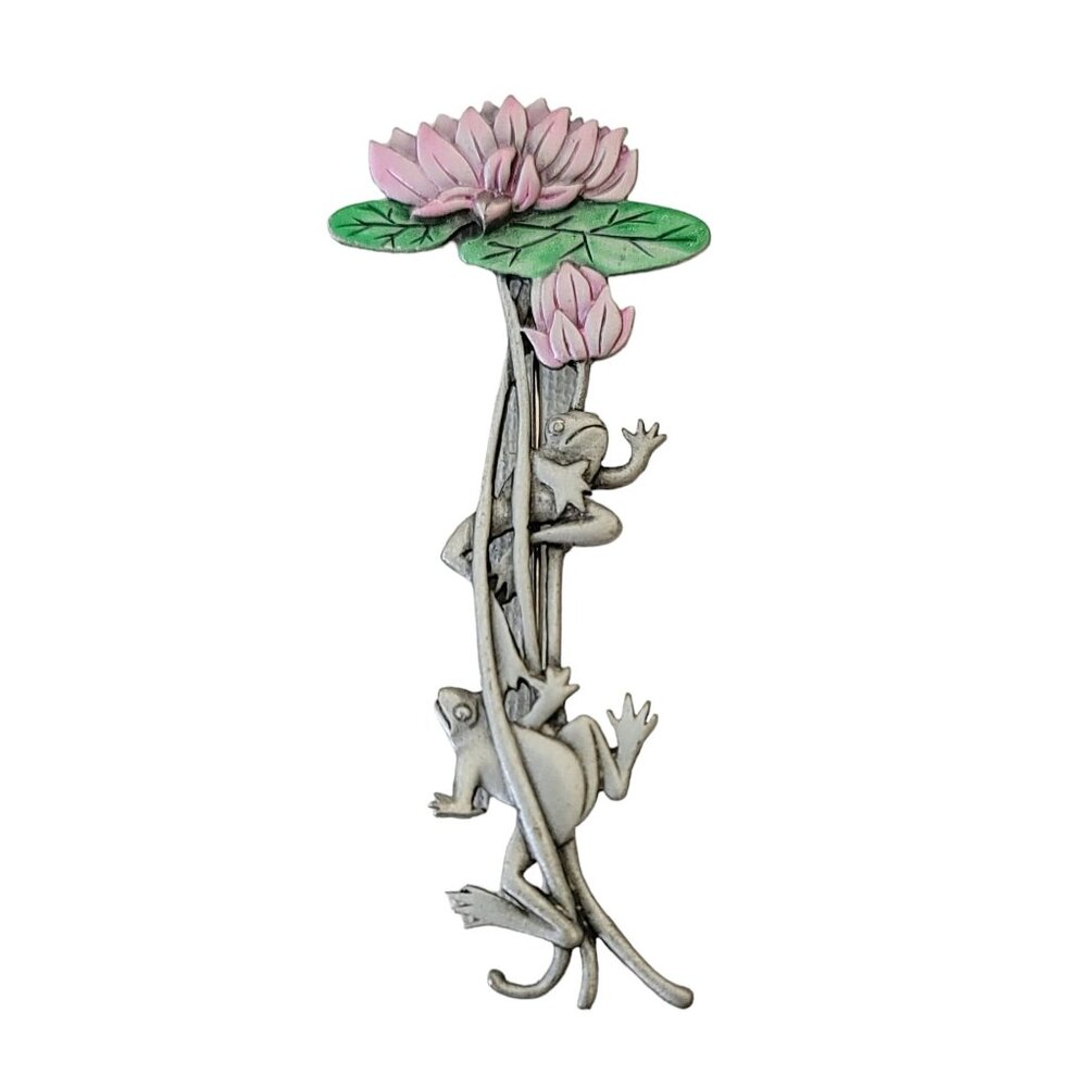 JJ Jonette Silver Tone Pink Green Enamel Frogs Lily Pad Brooch Pin, Signed L07
